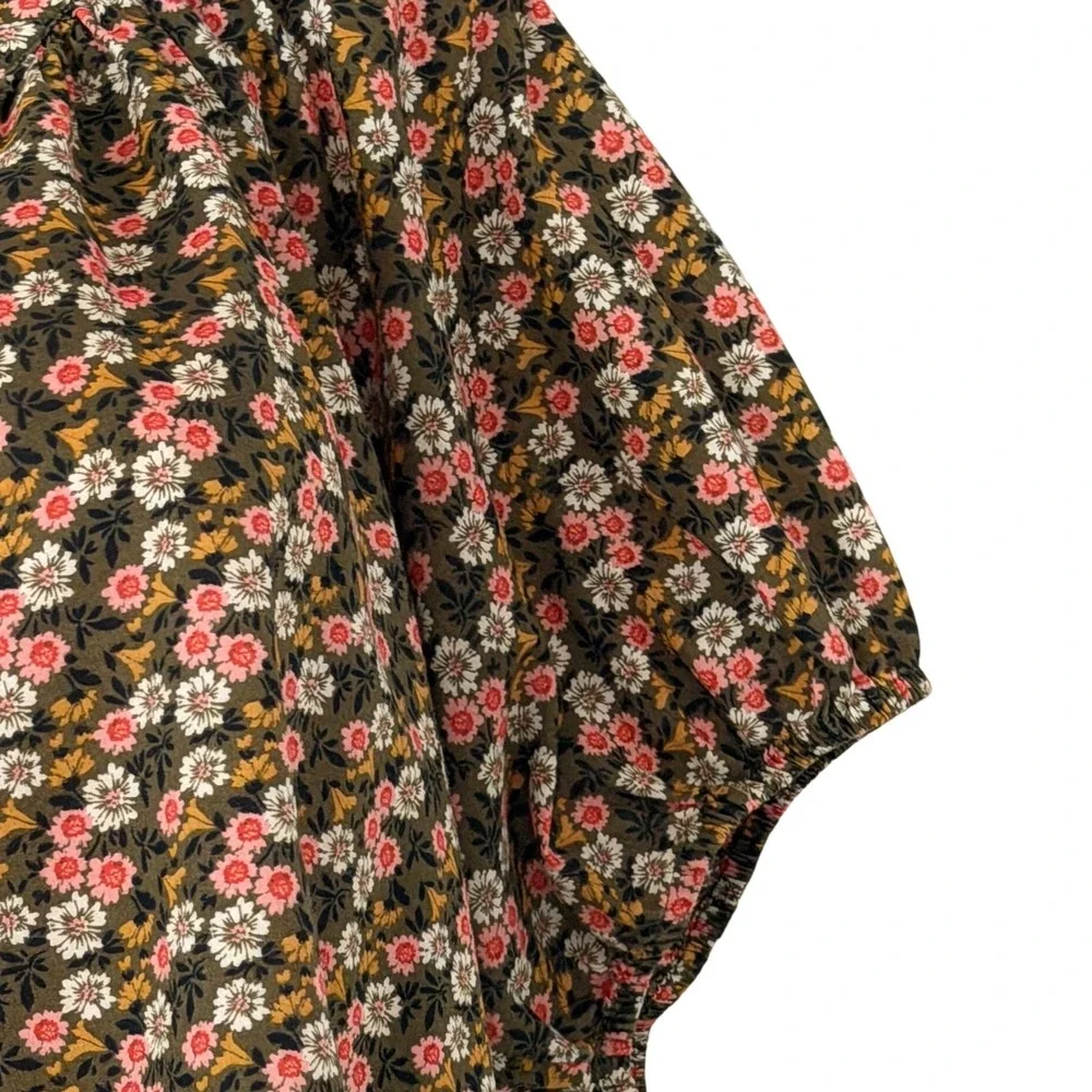 LOFT Olive Green Floral Puff Sleeve Split Tie Neck Cotton Blouse Size Medium